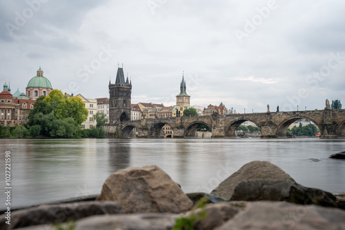 View of Prague cityscape with Charles Bridge, Gothic towers and cathedral.