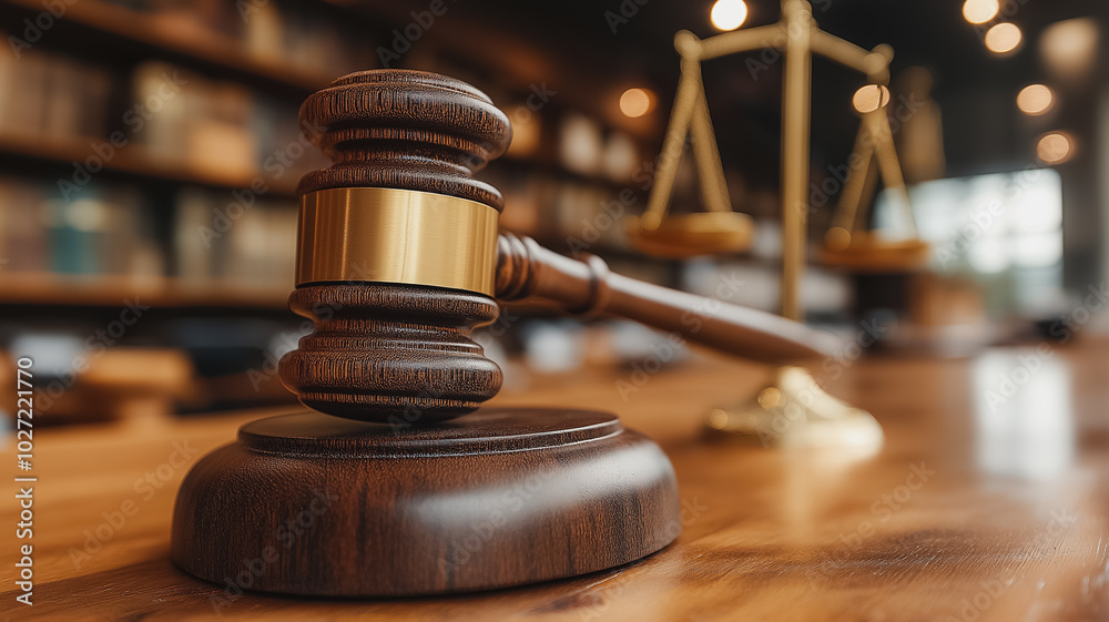 A gavel sits on a wooden table next to a scale. The gavel is made of wood and has a gold band. The scene suggests a courtroom setting A gavel sits on a wooden table next to a scale. The gavel is made of wood and has a gold band. The scene suggests a courtroom setting