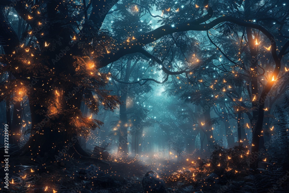 Fototapeta premium A forest with glowing lights and butterflies,generative ai image