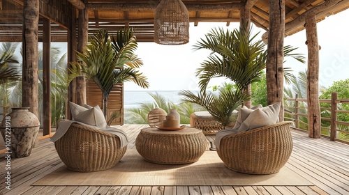 Wooden terrace with rattan furniture and sea view.