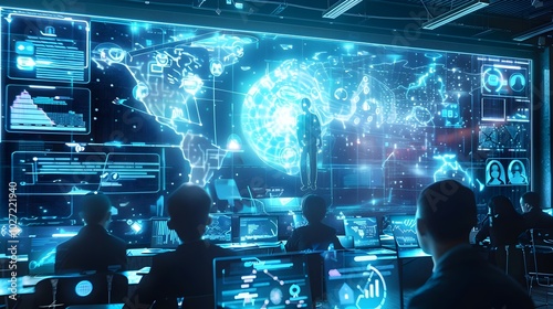 Futuristic Holographic Classroom with Connected Global Students Learning from Digital Teacher