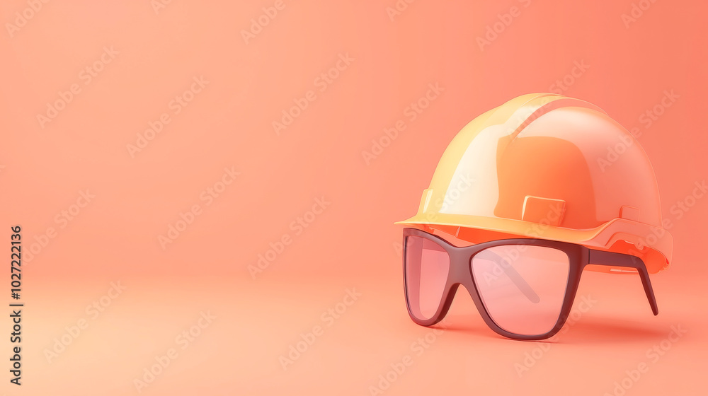 A vibrant orange hard hat and protective sunglasses arranged on a peach-colored background, symbolizing safety and construction. A vibrant orange hard hat and protective sunglasses arranged on a peach-colored background, symbolizing safety and construction.