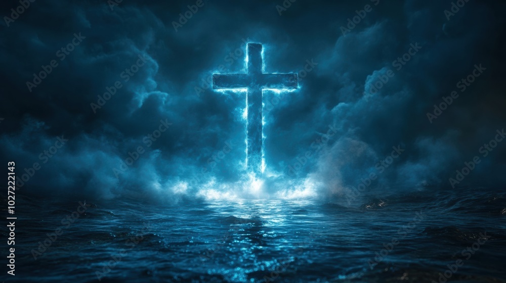 Fototapeta premium Glowing neon blue cross illuminated in a dark, misty landscape, atmospheric spiritual scene, mysterious glow, religious symbol, faith in a haunting environment, contrast of light and dark
