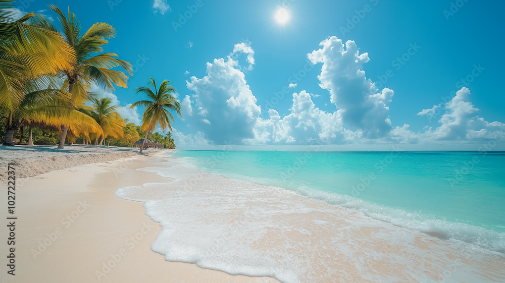 A beautiful beach with palm trees and a clear blue ocean. The sky is filled with clouds, creating a serene and peaceful atmosphere A beautiful beach with palm trees and a clear blue ocean. The sky is filled with clouds, creating a serene and peaceful atmosphere