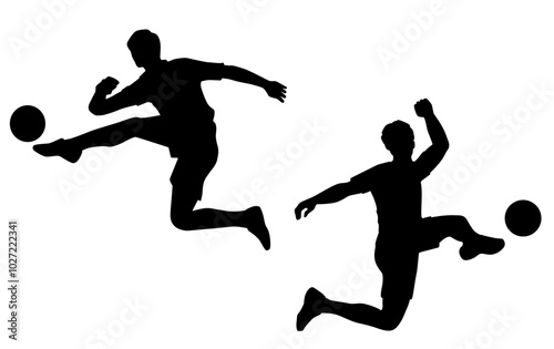 Vector silhouette of a man playing football, black color isolated on white background