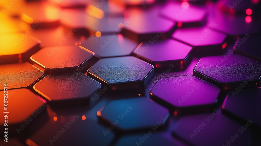 A colorful hexagonal pattern with a metallic texture. The colors are purple, blue, and yellow A colorful hexagonal pattern with a metallic texture. The colors are purple, blue, and yellow