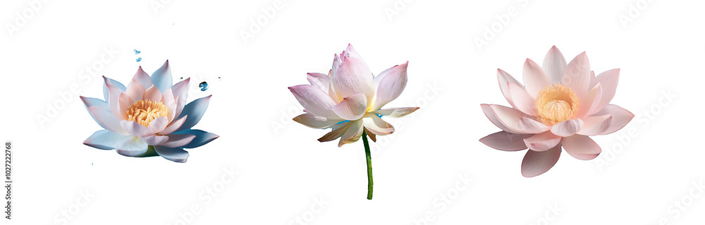 Fototapeta premium Three pink lotus flowers in various stages of bloom, shown against a blue background.