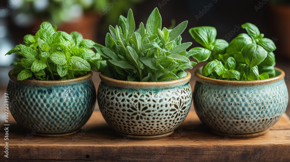 Three small green plants in blue pots sit on a wooden table. The pots are arranged in a row, with the middle one slightly taller than the other two. The plants are all different types Three small green plants in blue pots sit on a wooden table. The pots are arranged in a row, with the middle one slightly taller than the other two. The plants are all different types