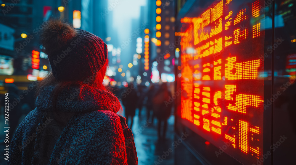 A woman is standing in front of a large electronic board with red numbers on it. The board is lit up and the woman is wearing a black hat. The scene is set in a city with a busy atmosphere A woman is standing in front of a large electronic board with red numbers on it. The board is lit up and the woman is wearing a black hat. The scene is set in a city with a busy atmosphere