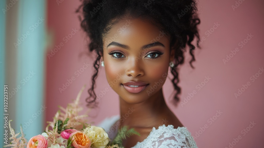 Beautiful bride holding bouquet of pastel flowers, elegant portrait against soft pink background, wedding day moment, romantic and graceful beauty, feminine charm, bridal flowers and makeup Beautiful bride holding bouquet of pastel flowers, elegant portrait against soft pink background, wedding day moment, romantic and graceful beauty, feminine charm, bridal flowers and makeup