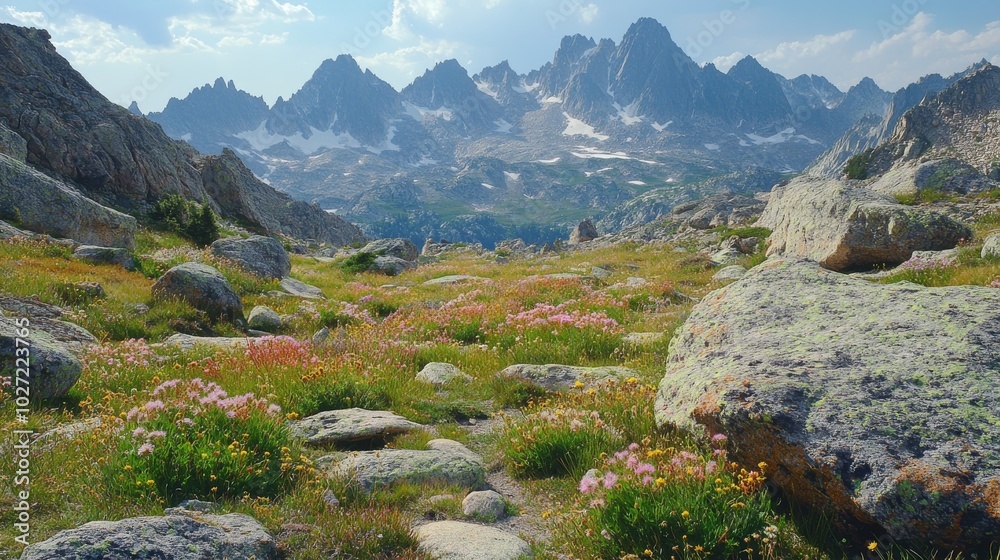 Naklejka premium Mountainous Landscape with Wildflowers and Boulders
