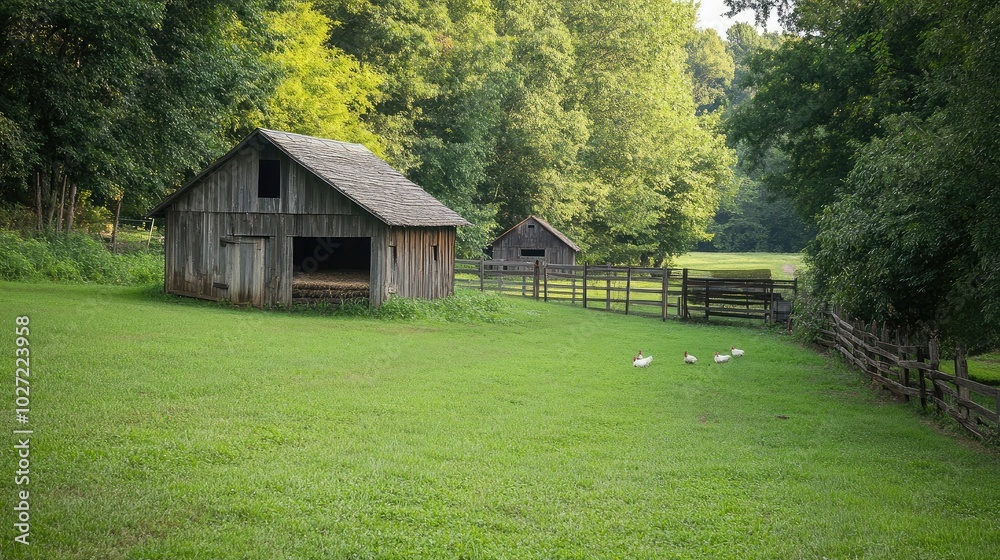 Fototapeta premium Peaceful Farm Scene with Barns and Ducks in Nature