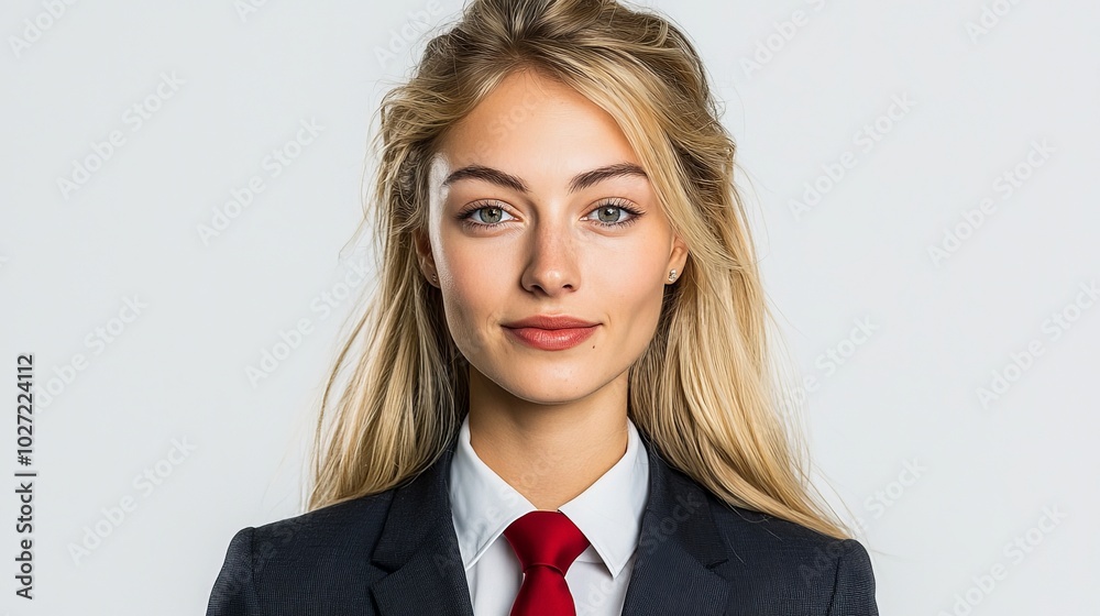 wide angle studio portrait of a blonde businesswoman wearing a suit and a red tie wide angle studio portrait of a blonde businesswoman wearing a suit and a red tie