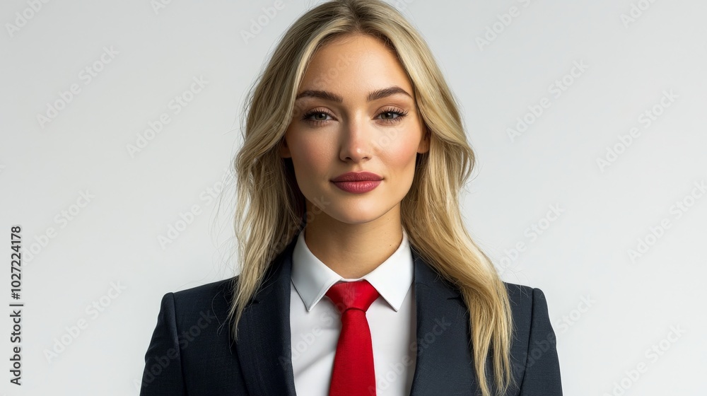 wide angle studio portrait of a blonde businesswoman wearing a suit and a red tie wide angle studio portrait of a blonde businesswoman wearing a suit and a red tie
