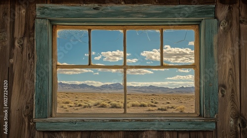 A rustic wooden window frame with peeling blue paint reveals a desert landscape view of distant mountains. photo