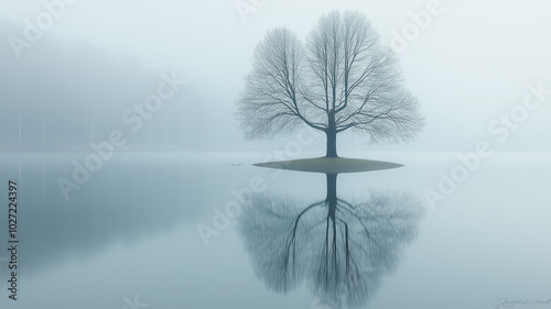 Leafless tree on a small island in a calm foggy lake