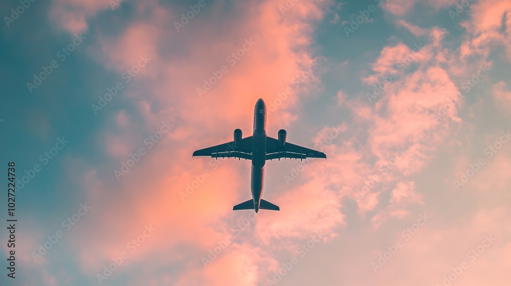Naklejka premium Silhouette of an airplane flying through a sunset sky.