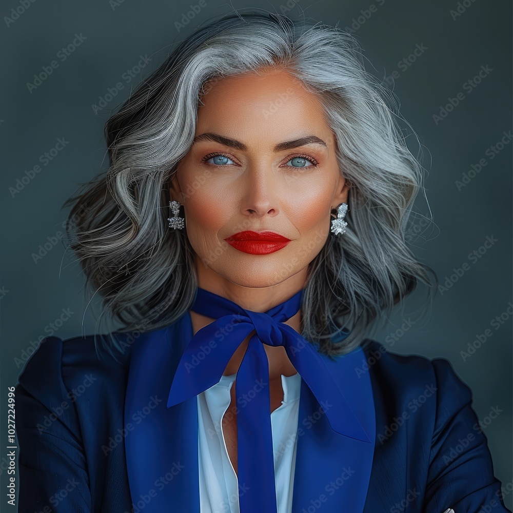 a 50 year old woman, gray and black mid length hair, beautiful face, diamond earrings, diamond choker with blue ribbon, blue eyes, red lipstick, blue blazer and white dress shirt. a 50 year old woman, gray and black mid length hair, beautiful face, diamond earrings, diamond choker with blue ribbon, blue eyes, red lipstick, blue blazer and white dress shirt.
