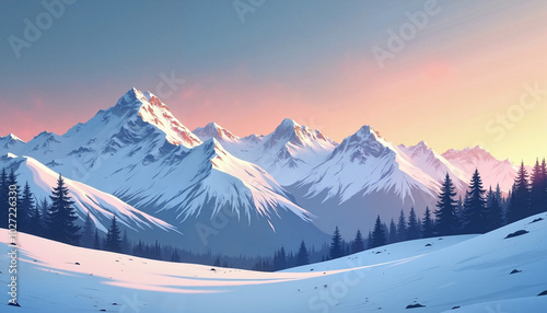 Snowy mountain landscape at sunset with pine trees in the foreground