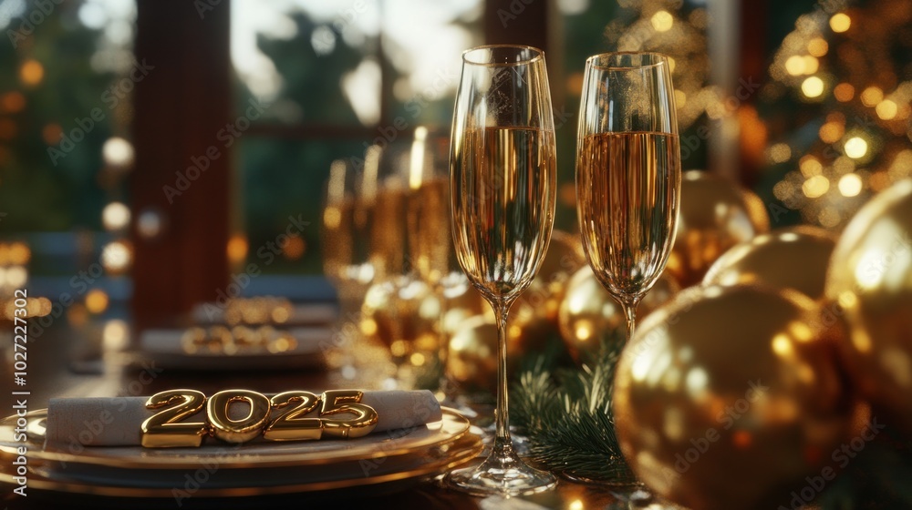 Two Champagne Flutes with 2025 Gold Numerals on a Festive Table Setting Two Champagne Flutes with 2025 Gold Numerals on a Festive Table Setting