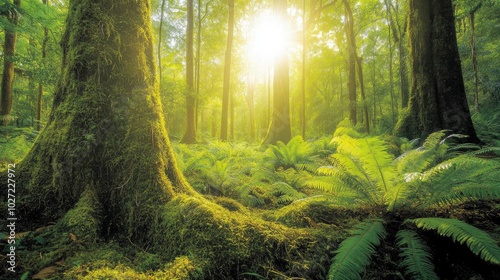 Serene Forest with Sunlight Filtering Through Trees