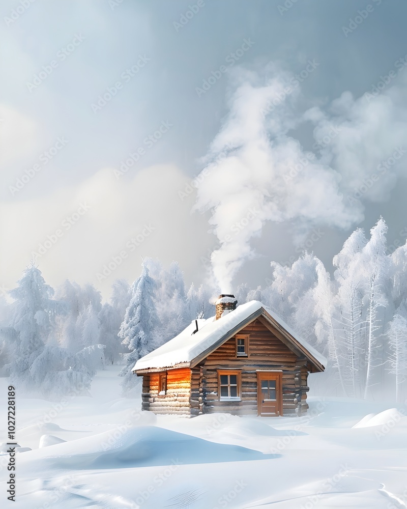 Cozy Log Cabin Surrounded by Deep Snow with Smoke Rising from Chimney in Serene Winter Wilderness Cozy Log Cabin Surrounded by Deep Snow with Smoke Rising from Chimney in Serene Winter Wilderness