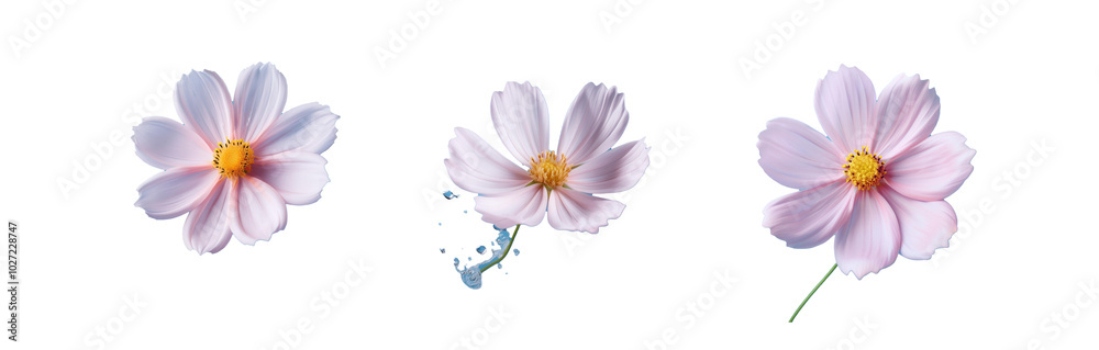 Three pink flowers with yellow centers on a blue background. The flower in the middle appears to be submerged in water. Three pink flowers with yellow centers on a blue background. The flower in the middle appears to be submerged in water.