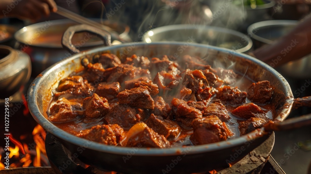 Authentic Indian Meat Dish Cooking in Open Flame Authentic Indian Meat Dish Cooking in Open Flame