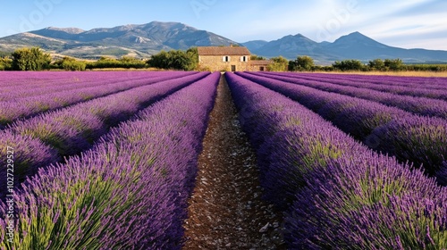 Lavender fields in full bloom with rows leading to a rustic stone house, surrounded by mountains under a clear blue sky.