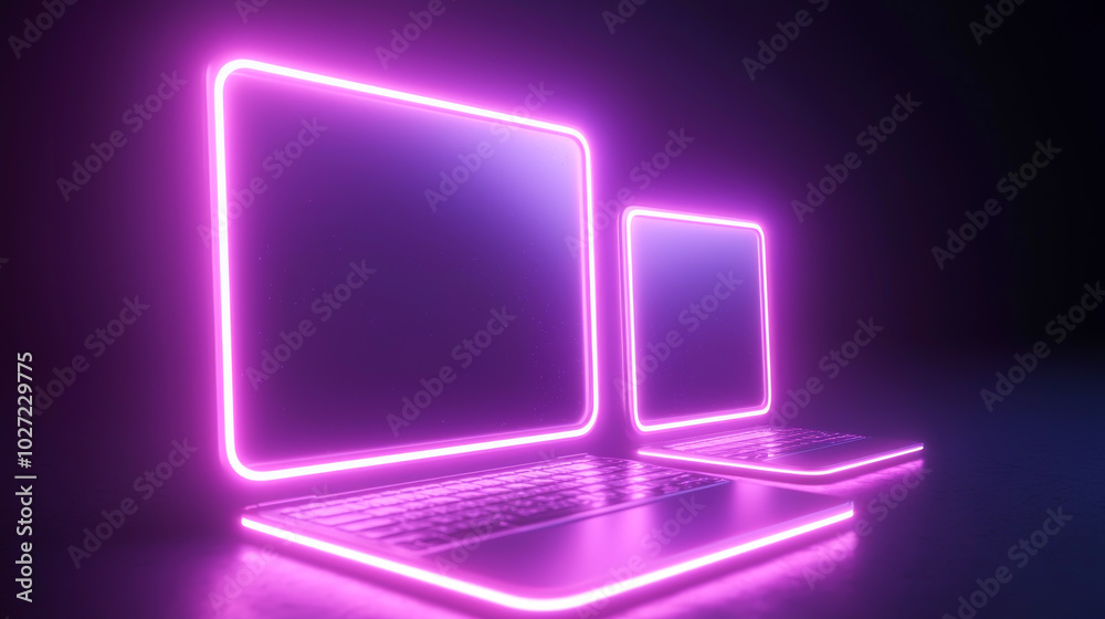 Stylish neon-lit laptops glowing in a dark environment, perfect for showcasing modern technology and digital innovation. Stylish neon-lit laptops glowing in a dark environment, perfect for showcasing modern technology and digital innovation.
