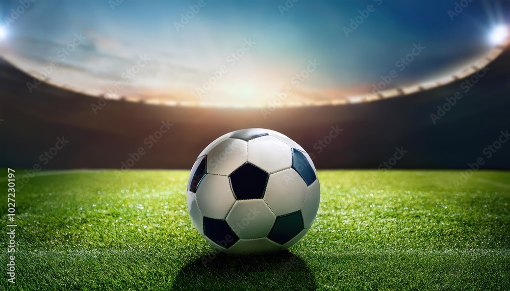 Fototapeta premium Soccer Ball on Green Field at Sunset. Perfect for Sports Event Promotions, Soccer Training Visuals, Game Day Campaigns, or Athletic Fitness Concepts in Vibrant, Professional Sports Arenas