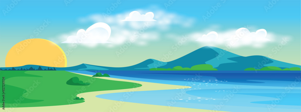 Blue sky, cloud background, summer sky horizon over beach, winter sunrise view, spring panorama, white clouds banner over blue ocean, sunset view. Editable vector Blue sky, cloud background, summer sky horizon over beach, winter sunrise view, spring panorama, white clouds banner over blue ocean, sunset view. Editable vector