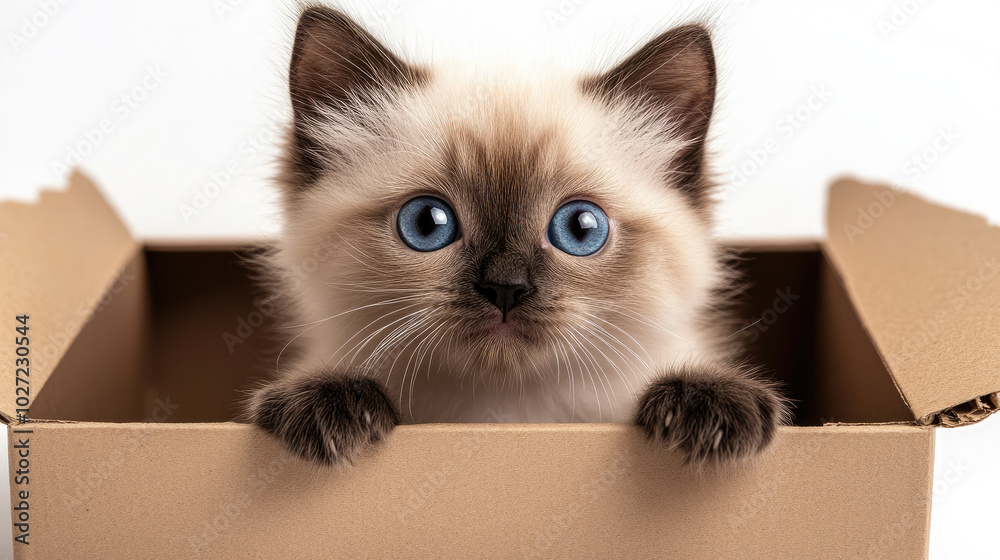 Fototapeta premium Birman kitten cat peeking out and looking forward from inside box isolated on white background