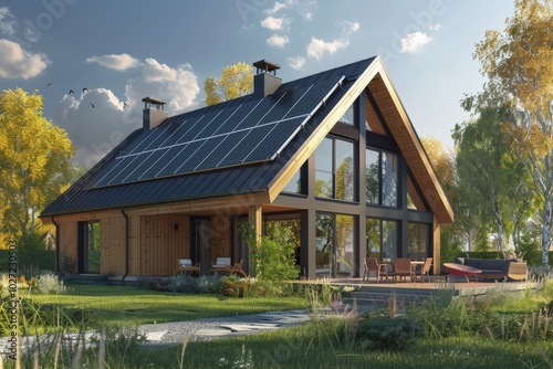 A large house with a lot of windows and a solar panel on the roof,generative ai image