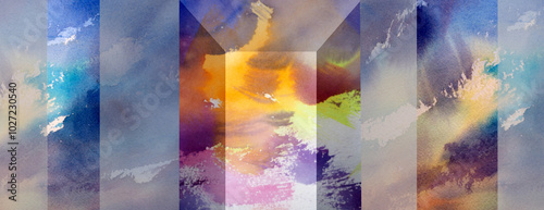 Watercolor painting dimension colorful twilight blue sky with cloud abstract art panorama background design. photo