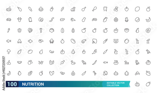 Nutrition icon set, Healthy food and Diet Thin Line Icons. Caunt Calories, Palm oil free, Editable stroke, Pixel perfect, vector illustration.