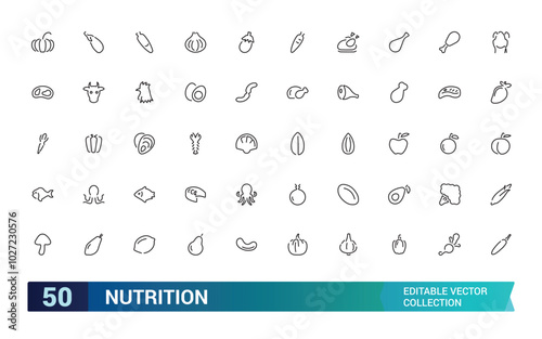 Nutrition icon set, Healthy food and Diet Thin Line Icons. Caunt Calories, Palm oil free, Editable stroke, Pixel perfect, vector illustration. photo