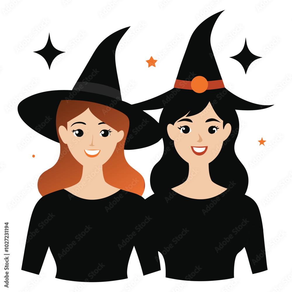 Two happy young women in black witch Halloween vector illustration Two happy young women in black witch Halloween vector illustration