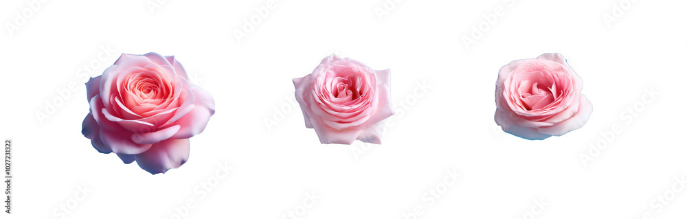 Three pink roses are displayed against a blue background. Three pink roses are displayed against a blue background.