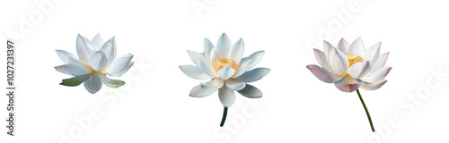 Three white water lily flowers with yellow centers against a blue background.