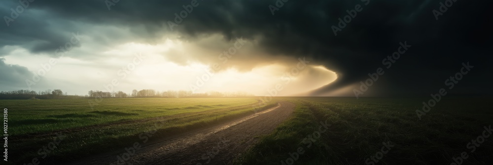 Fototapeta premium A dramatic scene with dark storm clouds threatening over a beautiful field, featuring a winding dirt path leading into the foreboding horizon, symbolizing change.