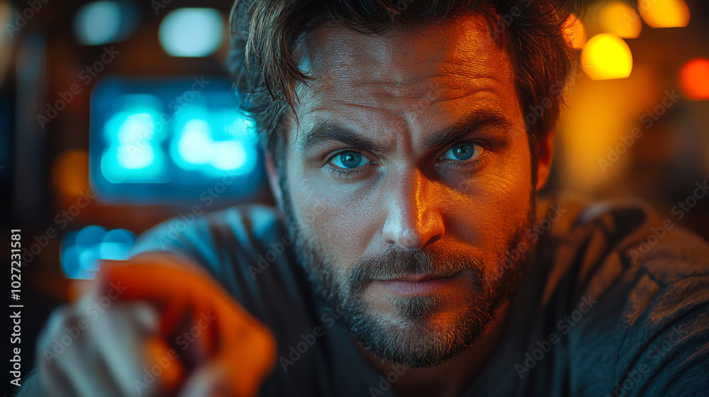 A focused man with striking blue eyes gestures while illuminated by warm ambient light in a cozy bar setting at night A focused man with striking blue eyes gestures while illuminated by warm ambient light in a cozy bar setting at night