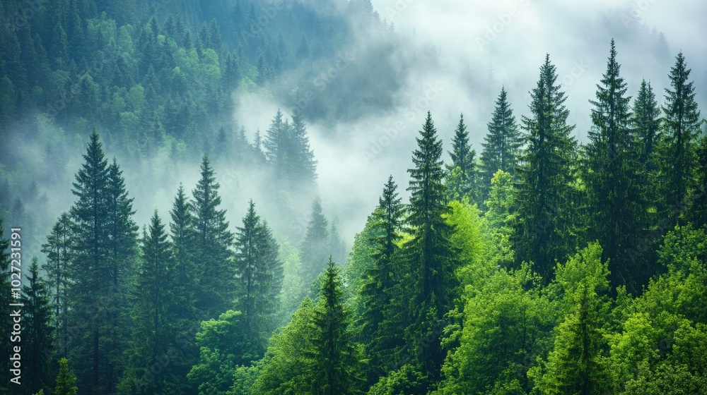 Misty morning in a lush green forest with towering evergreen trees Misty morning in a lush green forest with towering evergreen trees