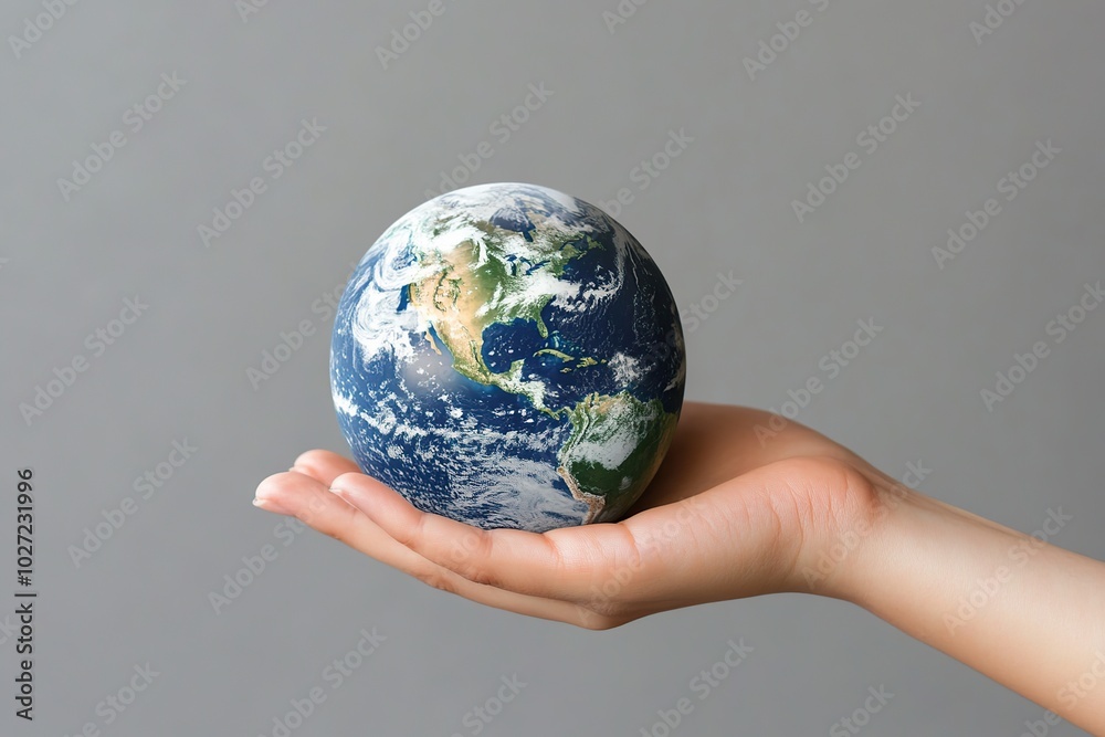 Glass globe ball with recycle concept in female hand Glass globe ball with recycle concept in female hand