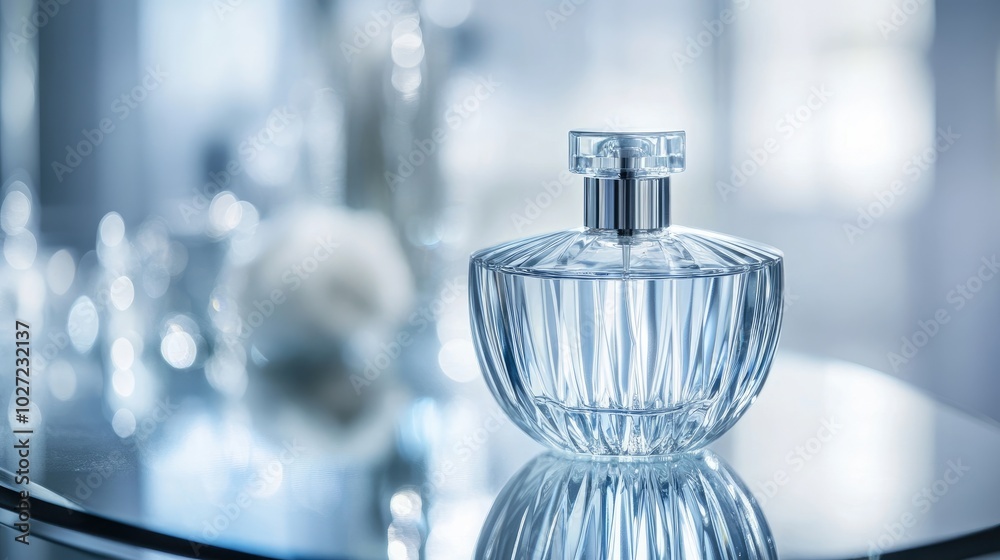 Elegant Glass Perfume Bottle on Reflective Surface Elegant Glass Perfume Bottle on Reflective Surface