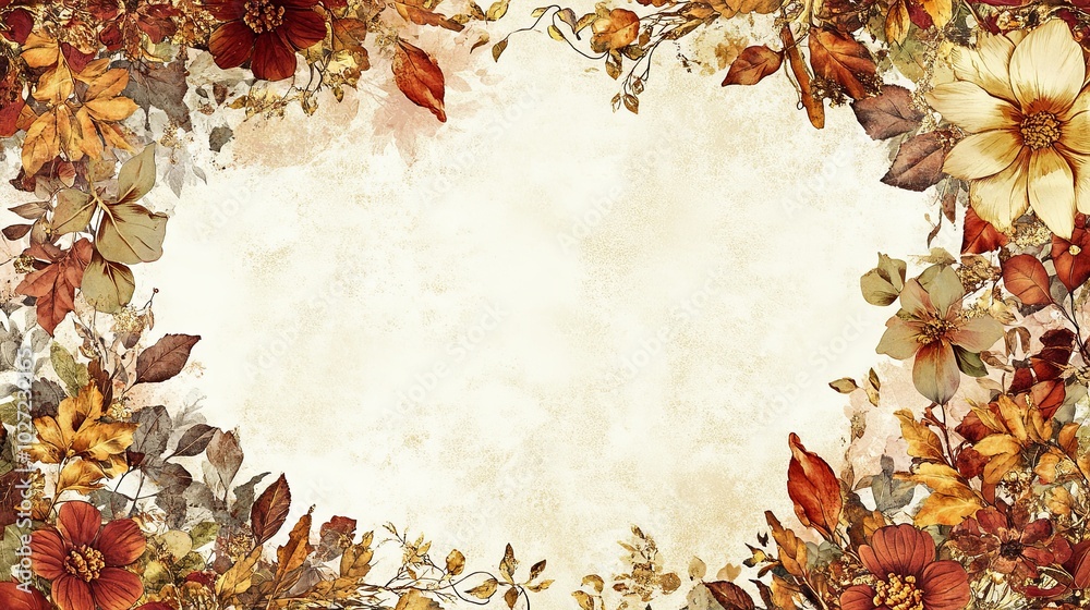 A white background with a flowery border of orange and yellow leaves