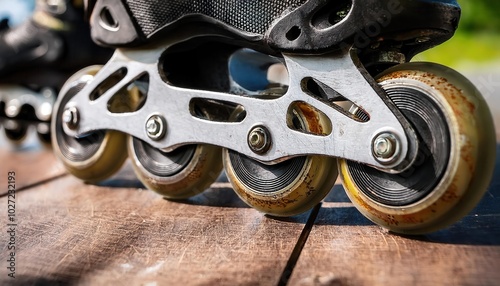 Close-Up of Inline Skate Wheels on Wooden Surface. Showcasing Durability and Motion for Urban Skating or Outdoor Fitness