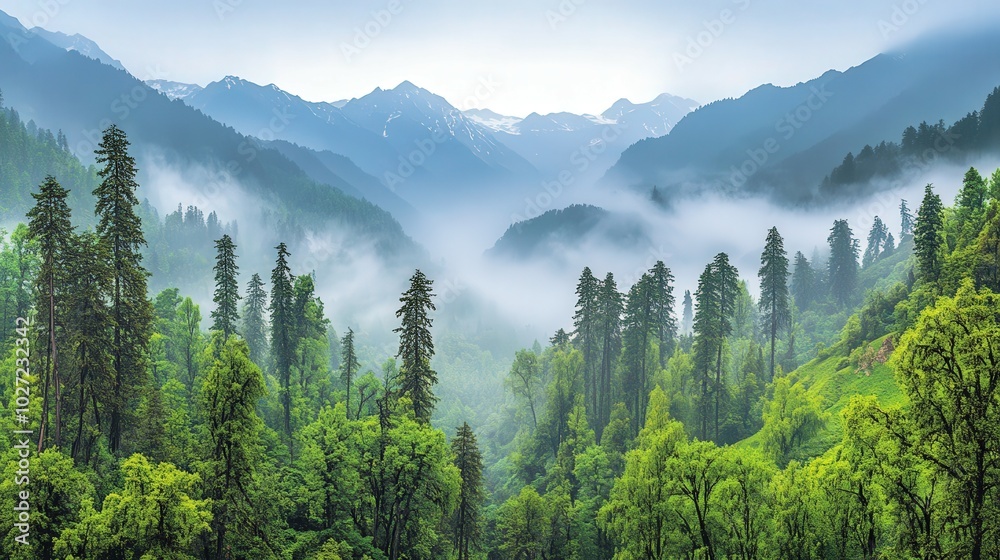 Fototapeta premium Misty morning in a vibrant forest valley with rolling hills and mountains