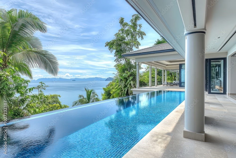 Fototapeta premium Contemporary mansion with infinity pool on a large terrace, high ceilings, and panoramic sea views, framed by lush palm trees