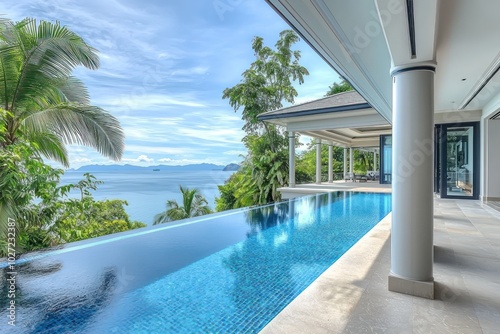 Contemporary mansion with infinity pool on a large terrace  high ceilings  and panoramic sea views  framed by lush palm trees